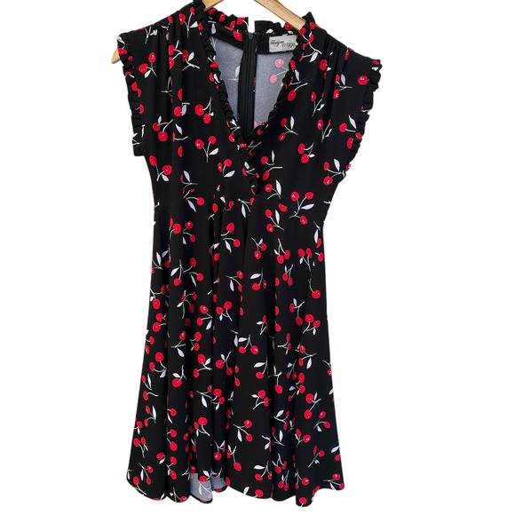 Unique Vintage Dress Cherry Print‎ Ruffle Swing Black Retro Medium Goth - Picture 1 of 12